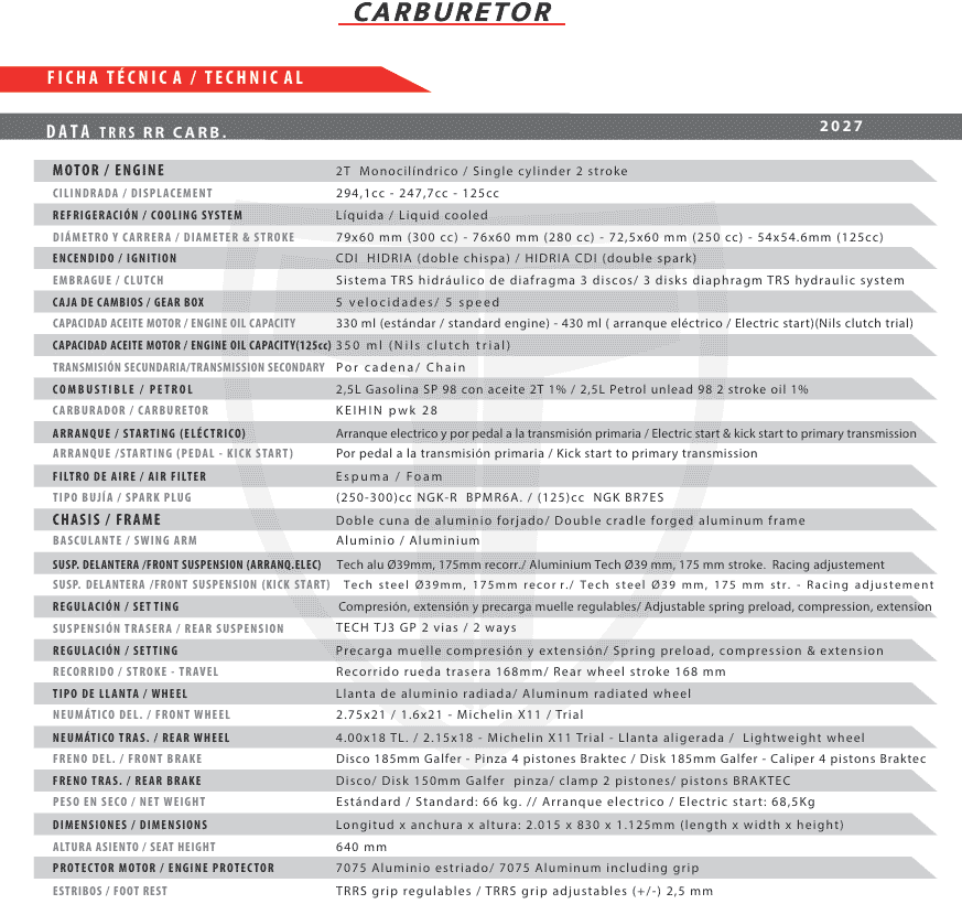 ficha tecnica trrs one rr carburator 2027